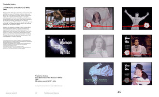 A two-page catalog spread for the artwork Lost Memories of the Woman in White by Friederike Anders. The left page has descriptive text. The right page shows a grid of nine stills from the video, featuring a collage of different women in white clothing, title cards, and subtitles from various film and TV sources.