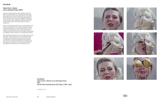 A two-page book spread about the 1971 artwork Open Form—Game on an Actress’s Face by KwieKulik. On the left is descriptive text. On the right is a grid of six film stills showing a woman's face in distress. The sequence shows her head being covered in a paper-like material which is then cut open. In the final image, her eyes are covered with yellow material and several colored sticks are stuck into her nose and cheeks.