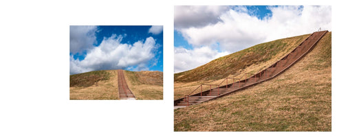 A two-panel image showing a long, steep staircase ascending a large, grassy mound under a blue sky with white clouds. The left panel shows a straight-on view from the bottom of the stairs, while the right panel shows a wider, angled view of the staircase on the side of the hill.