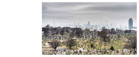 An eye-level, panoramic photograph of a large cemetery with countless tombstones and bare trees covering rolling hills, with the hazy New York City skyline visible in the distance under a gray, overcast sky.