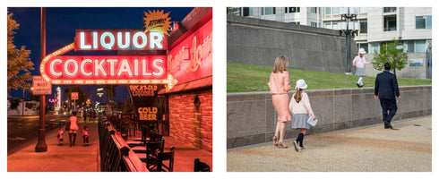 A diptych of contrasting scenes. The left photo shows a city street at night, with a woman and two children walking under a large, glowing red neon sign for Liquor Cocktails. The right photo shows a family in formal attire walking through a modern, concrete plaza in bright daylight.