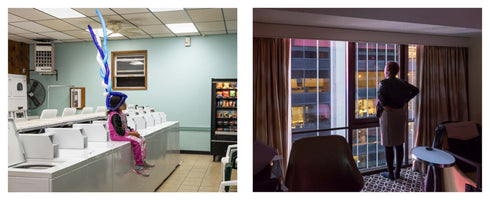 A diptych of two color photographs. On the left, a young Black girl wearing a helmet with a tall, spiraling blue and white balloon on it sits on top of a washing machine in a laundromat. On the right, a Black woman stands with her back to the camera, looking out a high-rise window at a lit-up cityscape at night.