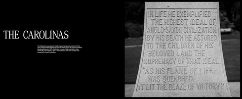 A two-panel image. On the left, on a black background, is the title THE CAROLINAS and explanatory text about the Meriwether monument. On the right is a black-and-white photo of the monument's inscription, which reads: IN LIFE HE EXEMPLIFIED THE HIGHEST IDEAL OF ANGLO-SAXON CIVILIZATION. BY HIS DEATH HE ASSURED TO THE CHILDREN OF HIS BELOVED LAND THE SUPREMACY OF THAT IDEAL. AS HIS FLAME OF LIFE WAS QUENCHED, IT LIT THE BLAZE OF VICTORY.