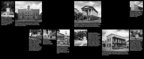 A black and white collage of ten photographs showing historical buildings, monuments, and statues in South Carolina. Each image includes a caption explaining its history, with many related to the American Revolution, the Civil War, and the Confederacy. Pictured sites include the Charleston City Market and the South Carolina State House.