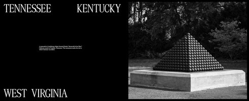 A two-panel image. On the left, a black background with white text listing the states TENNESSEE, KENTUCKY, and WEST VIRGINIA, along with a caption. On the right, a black and white photograph of a memorial consisting of cannonballs stacked into a large pyramid on a stone base, situated in a grassy area with trees behind it.