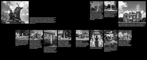 A black and white collage of twelve different photographs showing Confederate monuments and memorials throughout Georgia. Each image is accompanied by a block of text detailing the monument's name, location, and historical information on a black background.