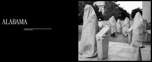 A two-panel image. The left panel has a black background with the word ALABAMA and a caption. The right panel is a black and white photograph of five large sculptures completely covered in light-colored tarps, standing like shrouded figures on a plaza during construction.