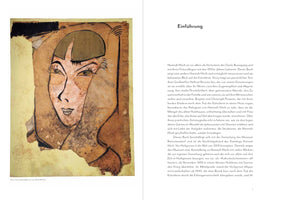 A two-page spread from an art book. On the left is a reproduction of a stylized, modernist self-portrait by Hannah Höch from around 1920. The artwork shows a woman's face with a dark bob haircut and intense, almond-shaped eyes on aged, brownish paper. On the right, a page of German text is titled Einführung.