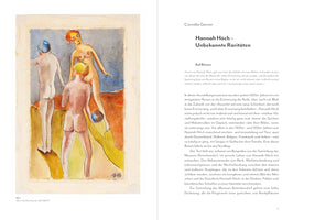 An open book spread featuring a work by German artist Hannah Höch. On the left page is her 1927 watercolor painting, Ohne Titel (Am Strand), which depicts three stylized nude figures on a beach. On the right page is German text with the title Hannah Höch – Unbekannte Raritäten and the author's name, Cornelia Gerner.