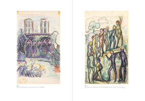 A two-page spread from a book, featuring two colored pencil sketches. The sketch on the left depicts a Gothic building with arched windows, overgrown with green and purple foliage, and yellow flowers in the foreground. The sketch on the right shows a group of stylized, elongated human figures in an outdoor setting with trees and clouds.