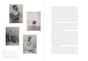 A two-page spread from a book showing four vintage black-and-white photographs on the left and a block of German text on the right. The photos depict people at a beach in 1925: a topless woman in a sun hat, a nude person on rocks, two people in swimsuits walking ashore, and a man with a robe over his shoulders.
