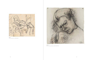 A two-page spread from an art book, displaying two different drawings with German captions. On the left is a black ink line sketch of a childbirth scene. On the right is a larger, somber charcoal portrait of a person with their head bowed in an expression of grief or sorrow.