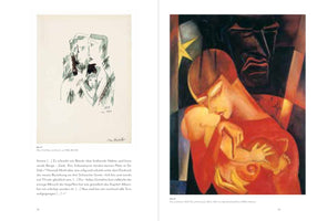A two-page spread from an art book. The left page displays a black and white ink sketch of a stylized couple and a child from 1960. The right page shows a colorful 1922 oil painting in a cubist style, depicting a mother in warm red and orange tones holding her baby, with a dark, angular male figure and a yellow star in the background. Both pages have German text and captions.