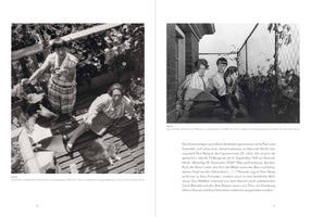A black-and-white two-page spread from a book, pages 40 and 41, with German text. On the left page, a high-angle photograph from 1928 shows two women, Hannah Höch and Til Brugman, with their cat Ninn on a sunny, plant-filled wooden balcony. On the right, a 1930 photograph shows the two women and the cat sitting outdoors next to a brick building and a chain-link fence.