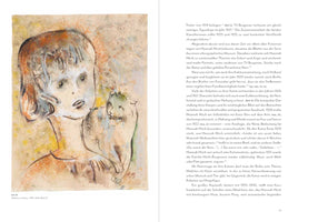 An open book showing an expressive painting on the left page of a girl with a cat. The girl has a pale, round face, large dark eyes, and short brown hair. A small, stylized cat is perched on her shoulder. The background is a mottled mix of yellow and beige. The right page of the book contains German text.