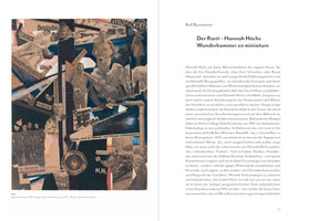 A two-page spread from a book. The left page features Hannah Höch's 1919 Dada collage, Dada Rundschau, a chaotic photomontage of cut-out human figures and German text from newspapers. The right page displays an essay in German about the artist and her work by Ralf Burmeister.