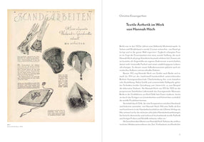 A two-page book spread. On the left is a reproduction of a 1924 page from the German magazine Die Dame, showing illustrations of handmade fashion accessories. On the right is a page of text about Textile Ästhetik im Werk von Hannah Höch.