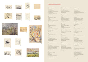 A two-page spread from an art catalog in German. The left page shows 16 small, numbered images of drawings and paintings, mostly landscapes and some abstract works. The right page features corresponding descriptive text for each piece, under the heading Collage, Aquarell, Zeichnung.