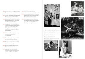 A two-page spread from a book in German. The left page features a timeline of events from 1949 to 1972. The right page displays five numbered, black-and-white photographs of the artist Hannah Höch at various points in her life, including at the 1920 Dada Fair, sitting on a log outdoors, with her partner Til Brugman, and as an older woman in her studio. Captions are printed below the images.