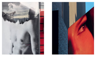 A diptych of two surreal photographs on a book spread. On the left, a black-and-white double exposure combines a person's torso with an industrial cityscape featuring a crane. On the right, a geometric architectural shot is overlaid with a diagonal close-up of a person's eye, saturated in a deep red hue.