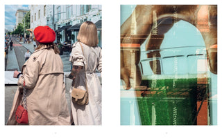 A diptych of two images. The left image is a street photograph of two women in beige trench coats viewed from behind, one wearing a bright red beret. The right image is an abstract, multi-layered composition that blends a close-up of a person holding a glass with urban architectural details like columns and brickwork.
