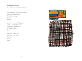 A page from a book, numbered 32. On the left is the text of a poem titled Resplendent Quetzal. On the right is an abstract illustration with two small, colorful block patterns above a larger, loosely drawn plaid pattern in red, black, and grey.
