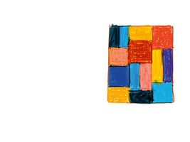 A hand-drawn, abstract composition on a white background, featuring a grid of scribbled, colorful rectangles in shades of red, yellow, orange, and blue, resembling a child's crayon drawing.