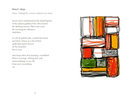 A page from a book, numbered 56 at the bottom. On the left is a poem titled Hawaiʻi ʻakepa. On the right is an abstract drawing of a vertical stack of rectangular shapes. The shapes are drawn with sketchy black outlines and colored with swaths of red, orange, yellow, green, and white.