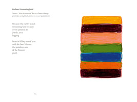 A page from a book with text on the left and an abstract illustration on the right. The text is titled Rufous Hummingbird and states its status is Near threatened. It is followed by a poem about the bird's heart falling out of sync with nature. The illustration is a stack of horizontal, crayon-textured bars of color, including yellow, dark red, peach, green, blue, and orange.