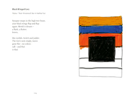 A page from a book, numbered 104. On the left is a poem titled Black-Winged Lory, which notes the bird's status as Near threatened. On the right is an abstract, hand-drawn illustration with horizontal color blocks of orange, blue, and reddish-orange above a large, scribbled black square on a white background.