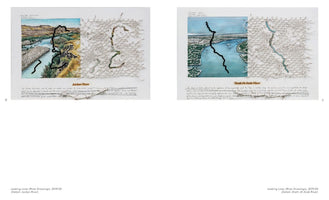 A two-page spread from a book displaying two mixed-media artworks from the series Leaking Lines (River Drawings). On the left, Jordan River features a colored drawing of the river in a landscape, juxtaposed with a white thread net tracing the river's path. On the right, Shatt al-Arab River shows a drawing of the river by a city, also juxtaposed with a thread net map. Both artworks include embroidered lines and handwritten text.