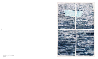 A page from a publication displays an artwork on the right side. The artwork is a textured drawing of dark blue, rippling water, divided into four rectangular panels like a windowpane. A small, stylized flag with light blue wavy lines is collaged onto the top two panels. The caption reads, Deep Rivers Run Quiet, 2020 (Detail).