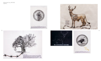 A composite image titled Hyphenated Lives, showing five detailed artworks. Top left is a drawing of a coin with a poppy. Top right is a colored drawing of a deer, its front half an exposed skeleton, standing on barbed wire. Bottom left shows a tree, half with leaves and half bare, with barbed wire at its base. In the center is a deer's outline in white dots on a black background, labeled threatened/vulnerable. Bottom right is a drawing of a coin featuring a Crested Caracara bird.