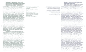 A two-page spread from a publication with text in two columns. The left column is in German, and the right column is the English translation. The text is titled Bodies of Water in Motion: Rivers and Manmade Landscapes and discusses an art exhibition by Helen Hirsch, also featuring a poem by Rabindranath Tagore in both languages.