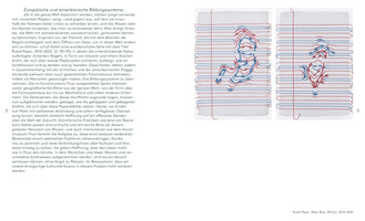 A page from a book or catalog displaying German text on the left and two artworks on the right. The artworks, titled Ruled Paper (Red, Blue, White), 2014-2022, are on white paper made to look like notebook pages. The typical blue and red lines are created with actual electrical wires that follow the ruled pattern before diverging to form abstract, map-like shapes in the center. Within these shapes, the wires are twisted into small, sharp, barbed forms.