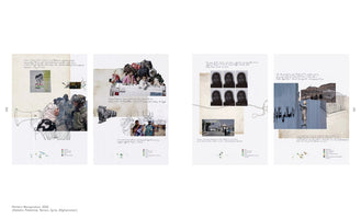 A four-page spread of the artwork Pattern Recognition, 2022. Each page is a mixed-media collage of photographs, line drawings, and handwritten notes documenting conflict and displacement in Palestine, Yemen, Syria, and Afghanistan. The images show a family fleeing in a truck, a woman facing soldiers, blurred passport photos, and border scenes.