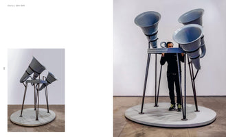 A diptych showing the sculpture Chorus I, 2015-2019. The left image displays the full sculpture, which features several large, grey, horn-like funnels on a platform with thin metal legs. The right image shows a man standing inside the sculpture's frame, peering over the platform and giving a sense of scale.