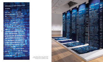 A two-panel image of a textile art installation. The right side shows a gallery with several long, vertical banners of blue tie-dyed fabric hanging from the ceiling to the floor. The left side is a close-up of one banner, showing the Preamble to the Constitution of India rendered in white embroidered text and golden, Braille-like dots.