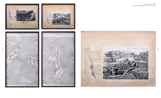 A two-page spread displaying several artworks from a series called Leaking Lines. On the left, four framed pieces are arranged in a grid. Two are graphite drawings of a border fence and soldiers in a trench. Below are two intricate, white papercut sculptures creating net-like maps of the Radcliffe Line and Curzon Line. On the right is a larger, unframed graphite drawing of soldiers in a trench on tan paper, next to a block of handwritten text.