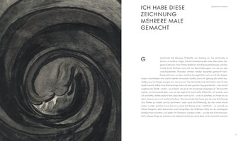 A two-page spread from an art book. On the left is a large, abstract charcoal drawing in shades of black and grey, depicting a swirling, vortex-like form with soft, textured lines. The right-hand page features German text with the large headline ICH HABE DIESE ZEICHNUNG MEHRERE MALE GEMACHT.