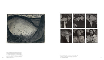 An open art book spread across two pages. On the left, page 20 features a large, abstract charcoal drawing by Georgia O'Keeffe in shades of grey. On the right, page 21 shows a grid of six black and white photographic portraits of O'Keeffe by Alfred Stieglitz, ranging from clothed to partially nude. Both pages have captions in German underneath the artwork.