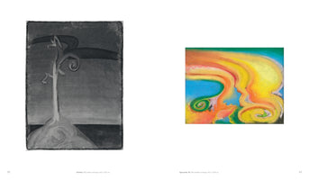 A two-page spread from an art book, displaying two contrasting abstract artworks from 1915. On the left is a vertical, monochrome charcoal drawing of a stylized, skeletal tree on a hill. On the right is a horizontal, vibrant pastel piece with swirling, organic forms in bright yellow, orange, green, and blue.