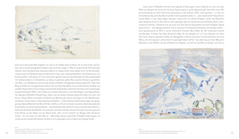 An open art book displaying a two-page spread, pages 62 and 63, with text in German. The left page features an abstract watercolor of a mountain by Paul Cézanne, and the right page shows a more colorful watercolor of a snowy mountain landscape by John Marin.