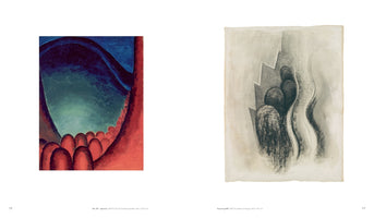 A two-page spread from an art book showing two related abstract works. On the left is a colorful painting with red, rounded shapes at the bottom of a dark blue, cave-like opening that looks out onto a teal background. On the right is a black and white charcoal drawing of a similar composition, with dark, huddled forms next to jagged and wavy lines.