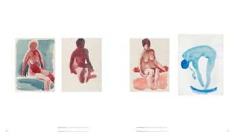 An open art book spread across two pages, displaying four abstract watercolor paintings of nude figures. Three of the paintings depict seated figures in shades of red and pink, while the fourth, at the bottom right, shows a figure bending over, painted in shades of blue. The style is fluid and minimalist.
