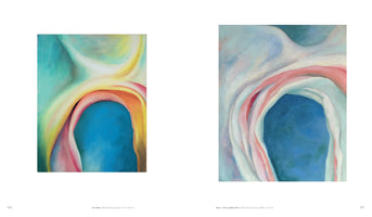 A two-page book spread displaying two similar abstract paintings by Georgia O'Keeffe from 1918. On the left, Over Blue features a central blue shape surrounded by vibrant, flowing forms in teal, yellow, and pink. On the right, Music – Pink and Blue No. 1 shows a similar blue shape framed by softer, layered folds of pink and white.