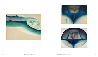 A two-page spread from an art book displaying three abstract pastel paintings from 1922. On the left is a large painting titled Wave, showing a stylized, curling wave in shades of green and blue against a tan background. On the right are two smaller, stacked paintings. The top one, A Storm, depicts a red lightning bolt over a dark sea with a crescent moon below. The bottom one, Lightning at Sea, shows a geometric red lightning bolt over water within a dark, circular frame.