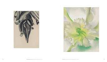 A two-page spread from an art book comparing two floral artworks. On the left is a vertical charcoal drawing from 1934 of a dark, pointed banana flower. On the right is a colorful pastel painting from 1941, showing a close-up of a white orchid with a ruffled, greenish-yellow center.