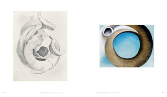 A two-page book spread comparing two artworks. On the left is a realistic black-and-white drawing of a goat skull with large, twisting horns. On the right is a colorful, abstract pastel painting showing a close-up of a brown horn curving around a circle of bright blue sky.