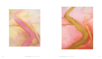 A two-page spread from a book showing two vertical abstract paintings. The painting on the left, on a background of soft yellows and peaches, features a prominent, winding river-like form in bright pink. The painting on the right has a warm pink background and features a thick, curving form in a golden-ochre color that resembles a branch.